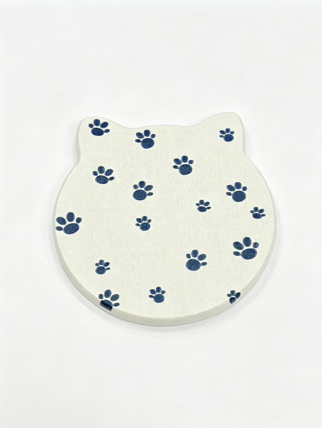 Cat Shaped Diatomite Coaster - Cream White with Navy Paw Prints