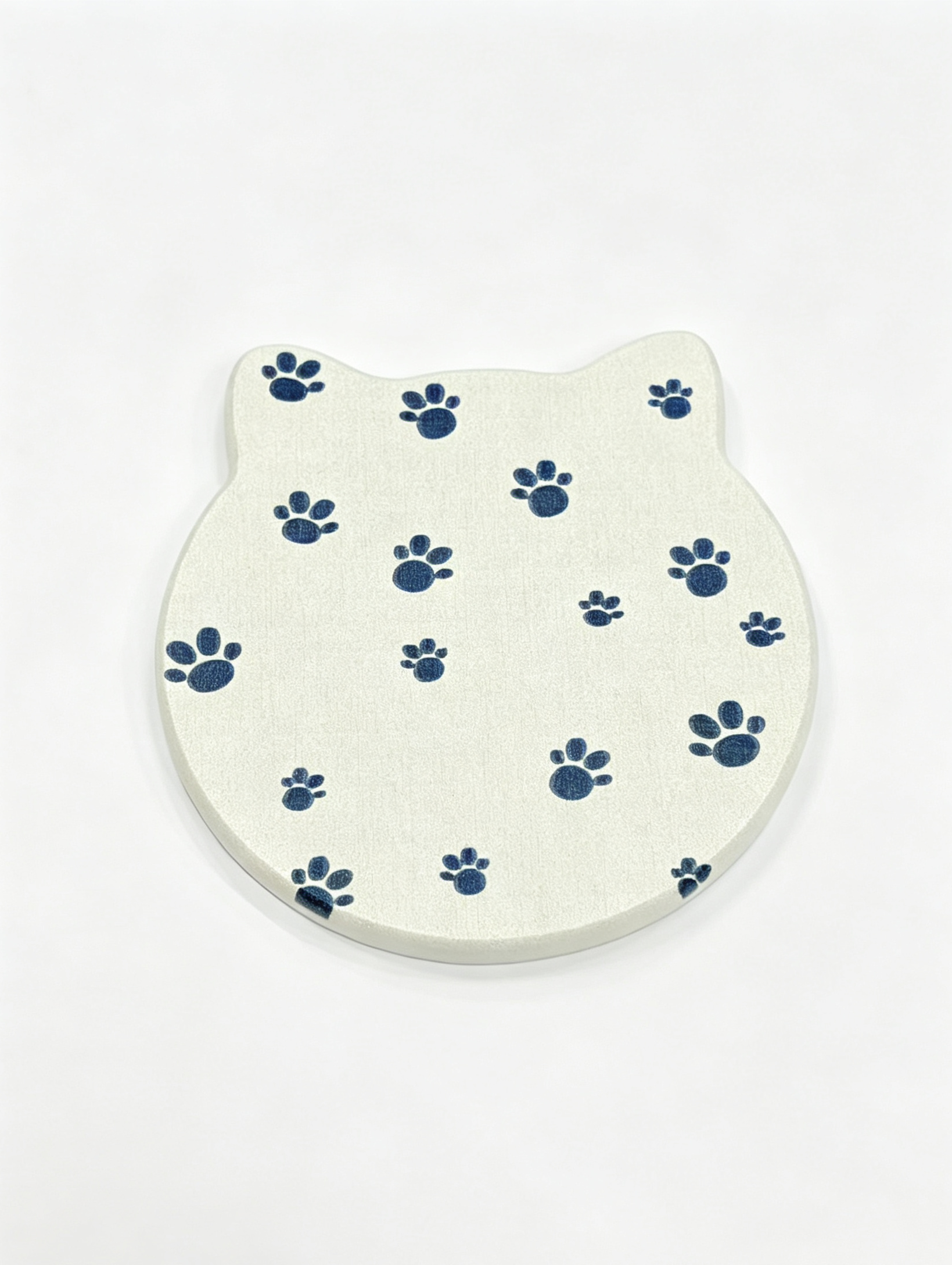 Cat Shaped Diatomite Coaster - Cream White with Navy Paw Prints