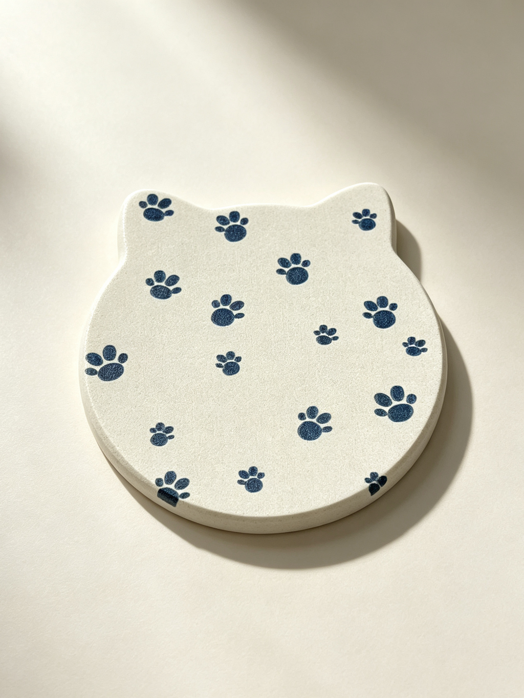 Cat Shaped Diatomite Coaster - Cream White with Navy Paw Prints