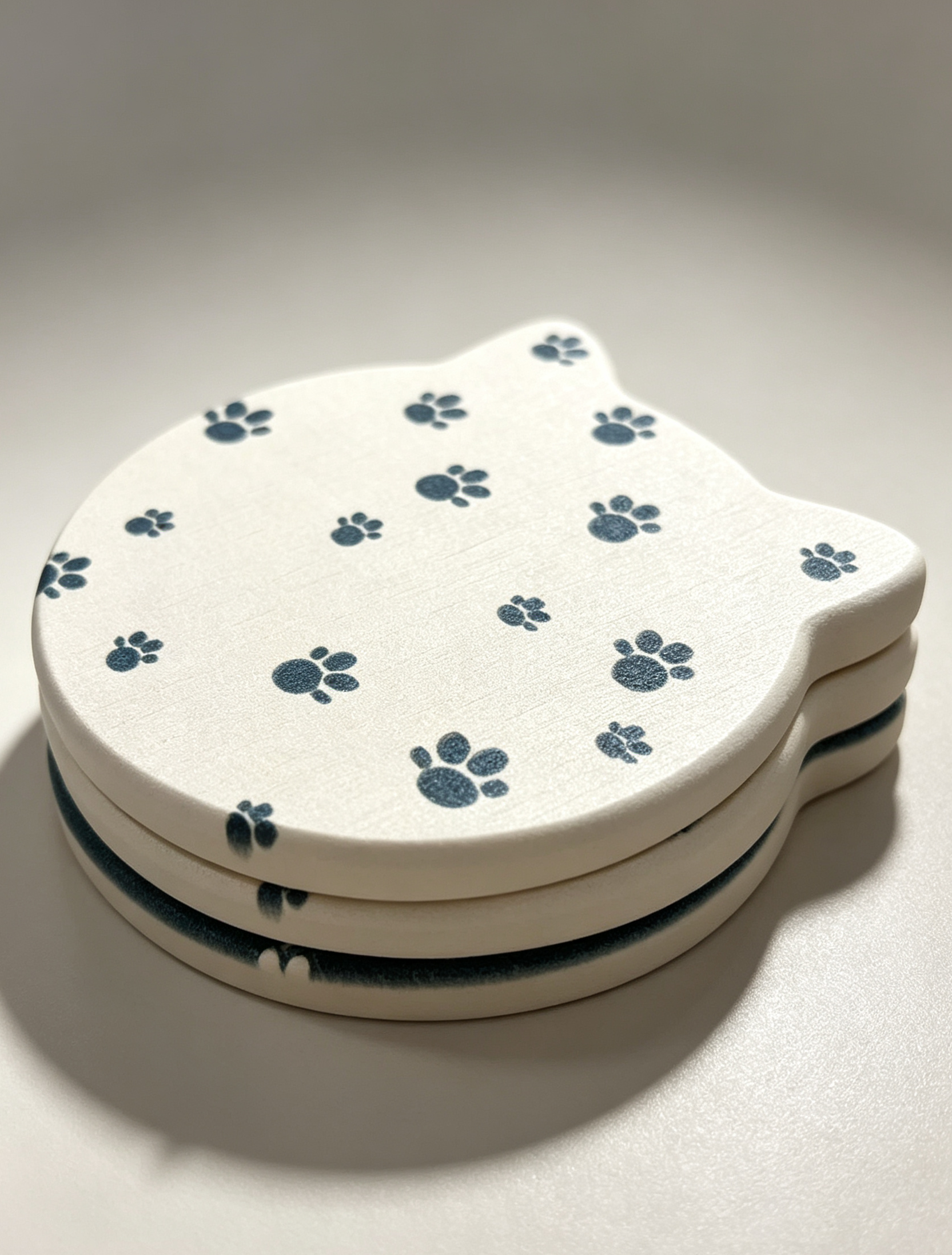 Cat Shaped Diatomite Coaster - Cream White with Navy Paw Prints
