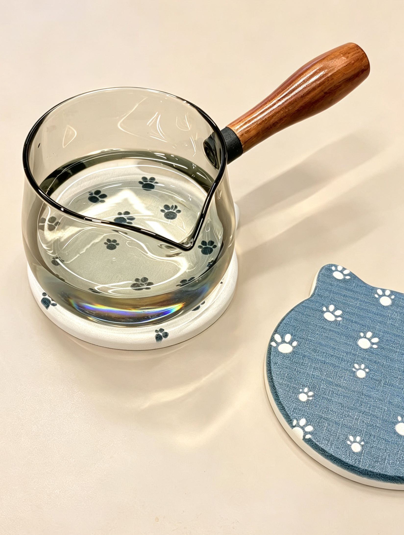 Cat Shaped Diatomite Coaster - Cream White with Navy Paw Prints