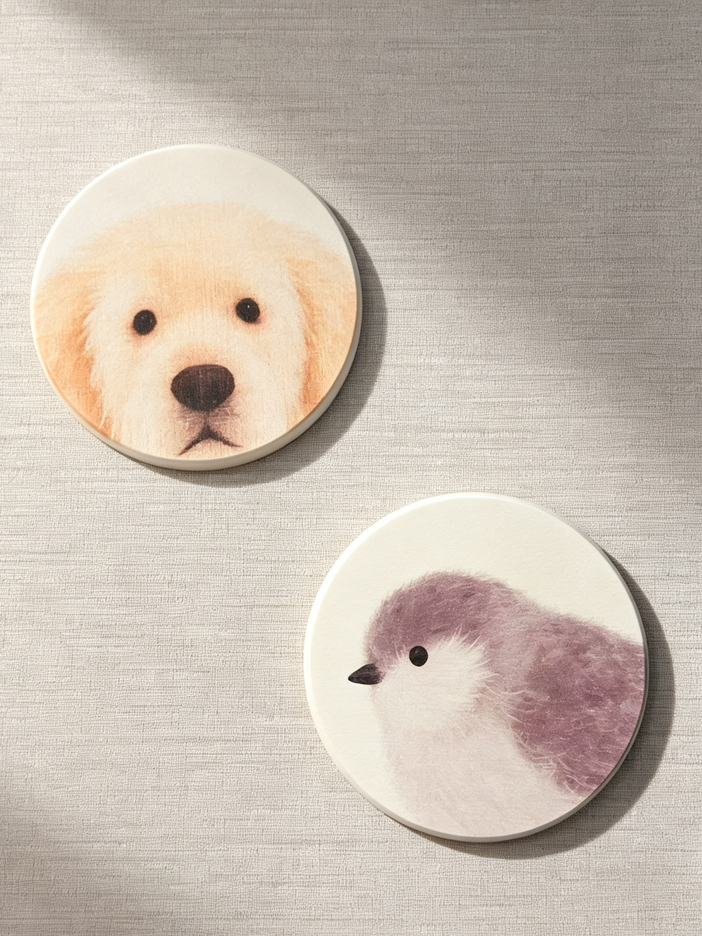 Cute Puppy & Bird Diatomite Coasters Set of 2 - Absorbent Round Drink Coasters 10cm