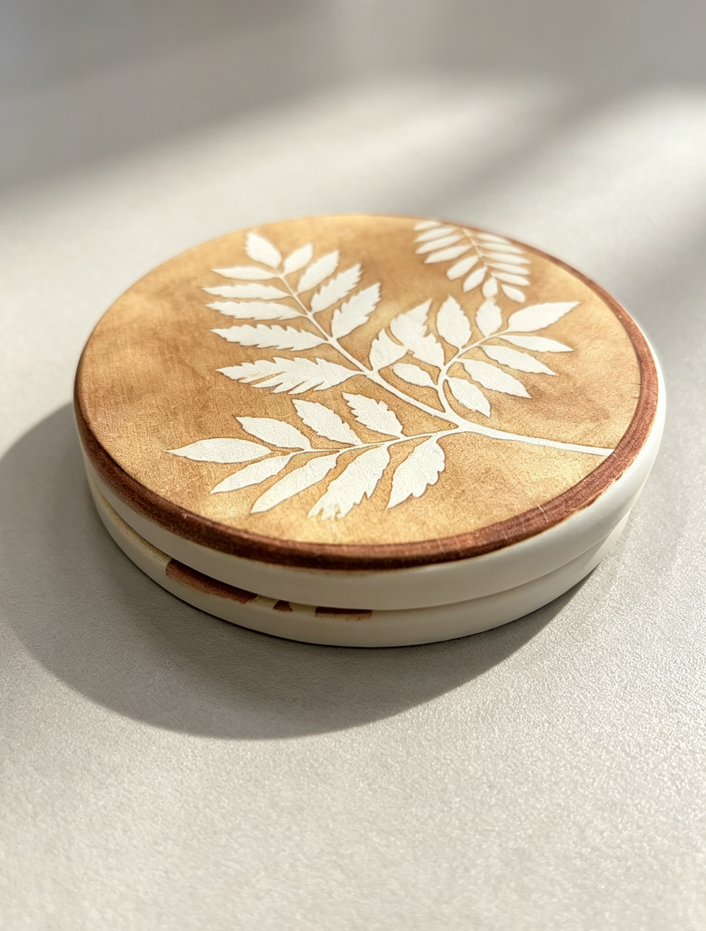 Fern Leaf Diatomite Coaster - Golden Round Absorbent Drink Coaster