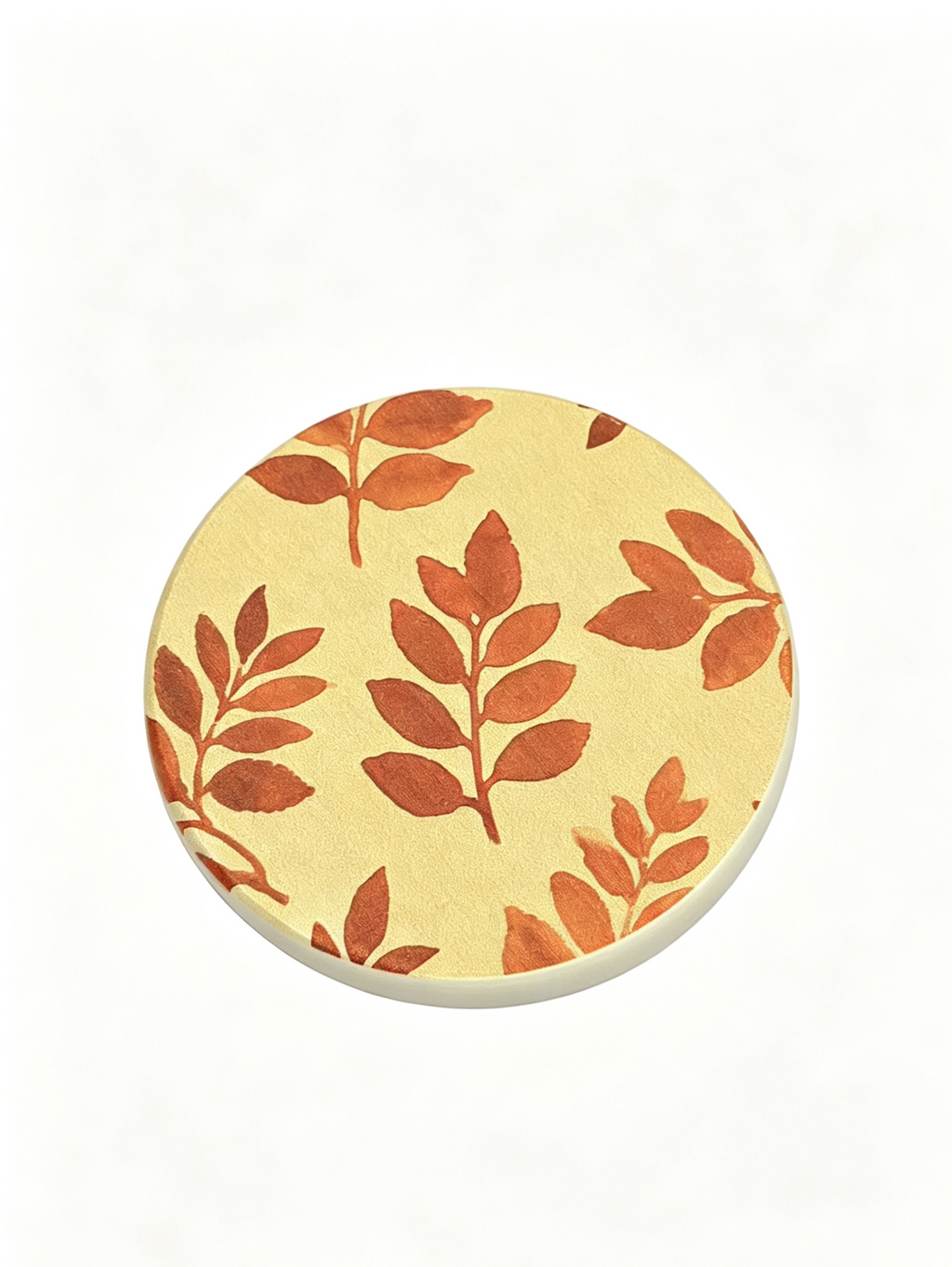 Leaf Pattern Diatomite Coaster - Cream with Terracotta Leaves, Round Absorbent Coaster