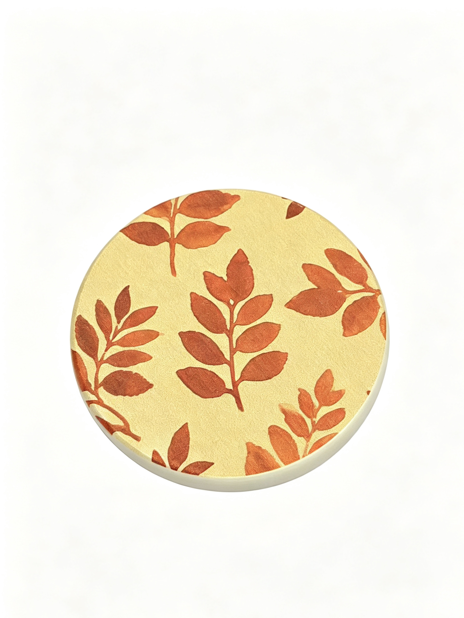 Leaf Pattern Diatomite Coaster - Cream with Terracotta Leaves, Round Absorbent Coaster