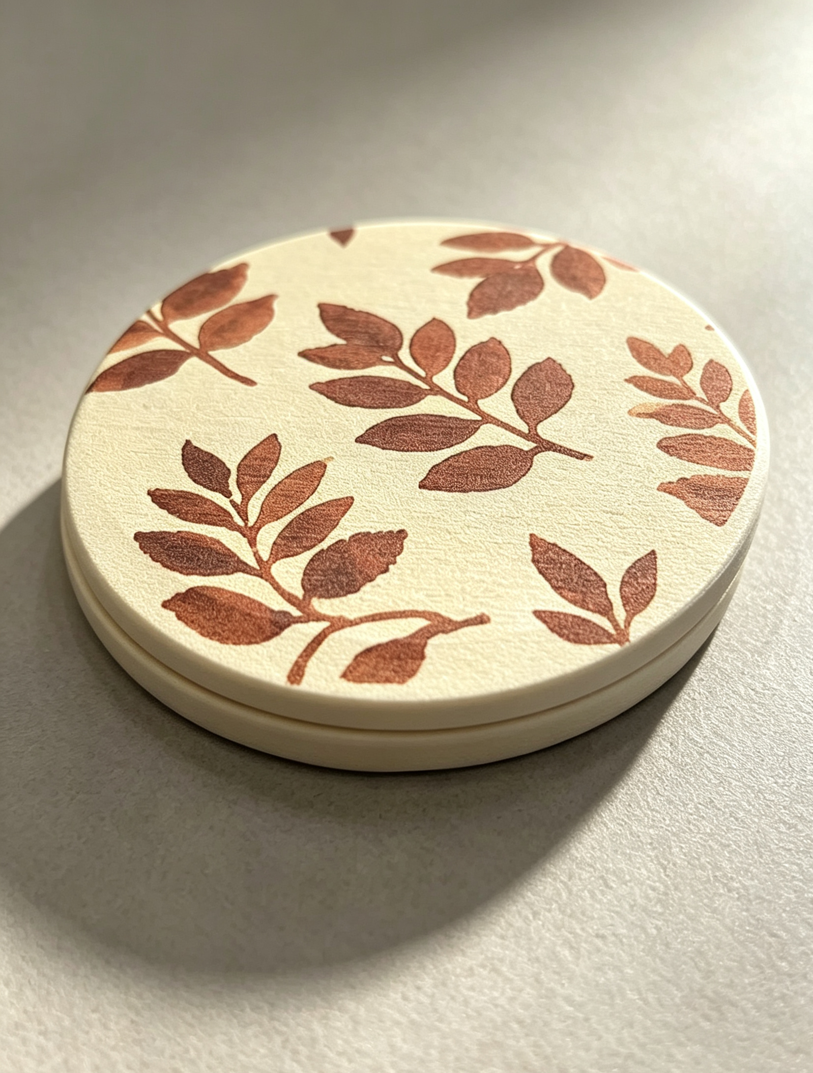 Leaf Pattern Diatomite Coaster - Cream with Terracotta Leaves, Round Absorbent Coaster