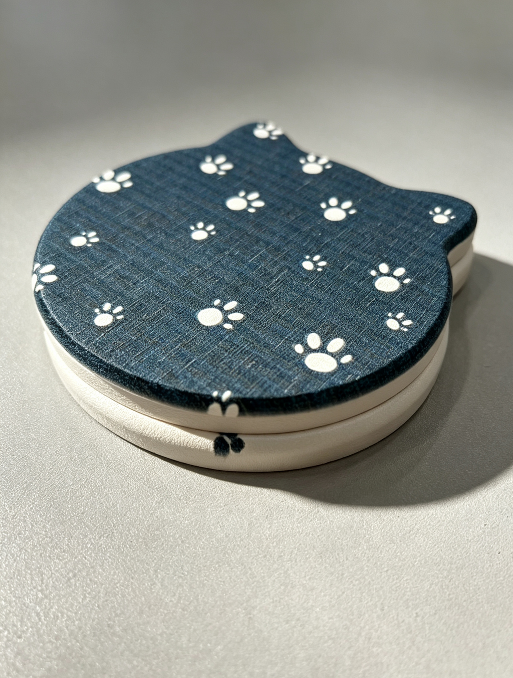 Navy Blue Cat Shaped Diatomite Coaster with White Paw Prints